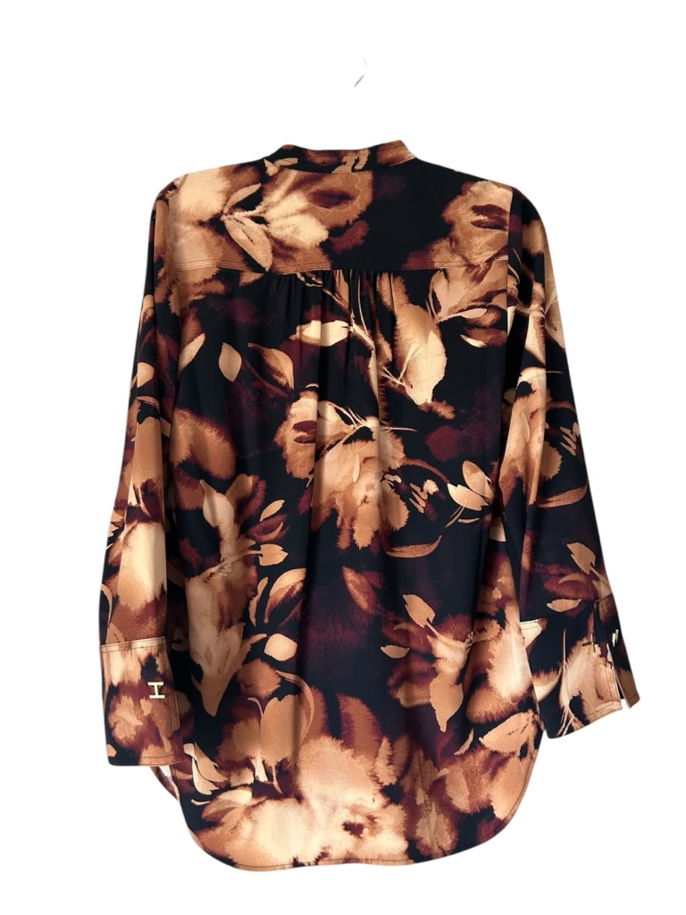 Halston Women's Long Sleeve Tunic Top Floral Satin Blouse in Black & Copper XSP - Picture 2 of 5